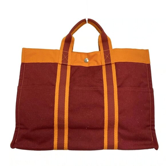 Auth HERMES Full Toe Tote MM Hawaii Limited - Bordeaux Orange Canvas None